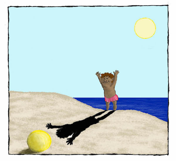 Ilustración de persona en la playa con sombra alargada
