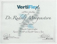 Certificado que hace constar al Dr. Morgenstern como el primer cirujano acreditado en España que ha utilizado estos implantes percutáneos en la columna vertebral.