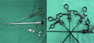 Òptica de laparoscòpia i porta-agulles (esquerra) i model de pinces utilitzat habitualment (dreta)